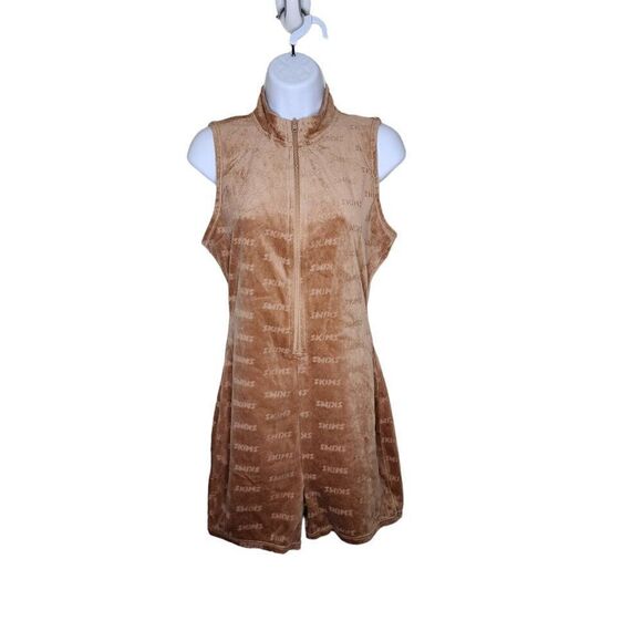 Skims Logo Velvet Sleeveless High Neck Short Romper Womens M Beige Camel Velour - Picture 1 of 6